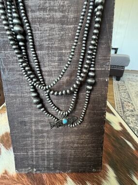 4 Strand Western Pearl Necklace Stack With Silver Trout Fish Kingman Turquoise